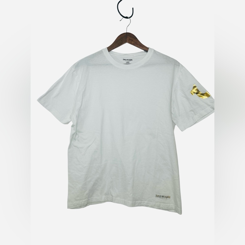 True Religion Women’s White Fitted Tee Gold Foil Logo szLarge Graphic T-Shirt